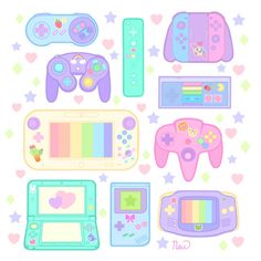 a bunch of different types of nintendo wii game controllers on a white background with hearts and stars