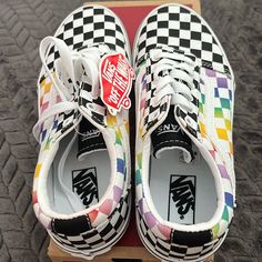 New Vans (Ward Rainbow Check), Never Worn, Still In Original Box. Size 3. Width:M Vn0a3tfw3rl Playful White Vans Sneakers, Cute Multicolor Vans Sneakers, Vans White, New Vans, Shoes Vans, Vans Shoes, Kids Shoes, White Black, Original Box