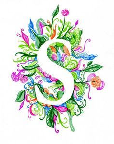 the letter s is made up of colorful flowers and leaves, with swirls on it