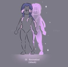 an animated character standing next to another character in front of a purple background with stars