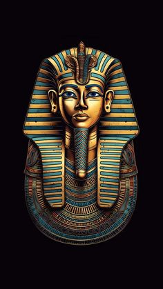 an egyptian mask is shown in gold and blue