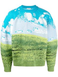 Bliss felted virgin-wool jumper from SUNNEI featuring bright green, blue, virgin wool, knitted construction, all-over graphic print, crew neck, ribbed cuffs and hem and long sleeves. Yoko London, City Dress, Summer Beach Wear, Knitted Jumper, Dream Clothes, Bright Green, Knitwear Women, All Fashion, Size Clothing