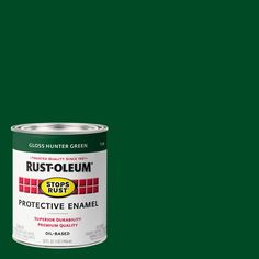 a can of green paint with the words rustoleum plus on it's side