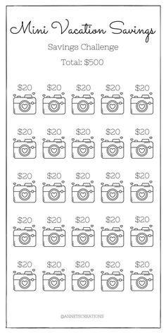 the mini vacation savings printable is shown in black and white with numbers on it