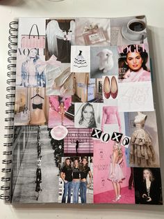 a spiral notebook covered in many different pictures and words, including women's clothing