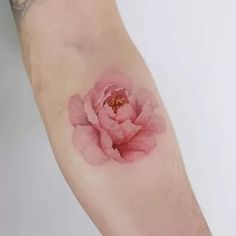 a pink flower tattoo on the left arm and right arm with an insect in it