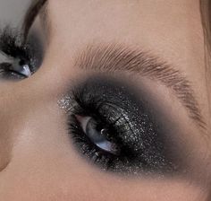 Shiny Smokey Eye Makeup, Dark Glam Makeup Glitter, Black Shimmer Eyeshadow, Glitter Goth Aesthetic, Black Sparkly Eye Makeup, Sparkly Goth Makeup, Goth Party Makeup, Dark Sparkly Makeup, Dramatic Black Eye Makeup