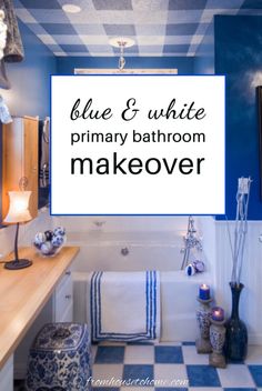 blue and white bathroom makeover with text overlay