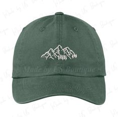 This listing is for a Mountain hat embroidered on a dad baseball style strap hat.  FEATURES * US FREE SHIPPING! * High Quality * Ships FAST! (1-2 days) * 6-panel Hat * Choose from Different colors * Closure: Self-fabric adjustable strap slide closure with buckle. * We take personalization requests * We also carry authentic hats: New Era, Champion, Nike, Flexfit, Adidas and more! NOTE * Each hat is custom made to order, and will need a 1-2 business day design and production time prior to shipping Camping Hat, Mountain Hat, Trending Hats, Fall Hat, Hiking Hat, Fall Hats, Embroidered Baseball, Dad Cap, Panel Hat