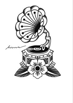 a black and white drawing of an old fashioned record player with a flower on it