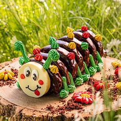 a cake shaped like a caterpillar sitting on top of a tree stump in the grass