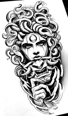 a drawing of a woman with snakes around her head