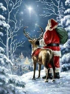 a painting of santa claus and reindeer in the snow