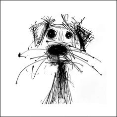 a black and white drawing of a dog's face with long whiskers