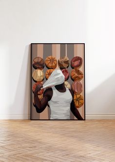 a painting of a woman holding a hat in front of basketballs on a wall