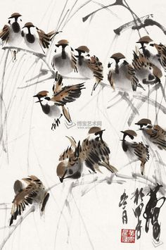 several birds sitting on top of a tree branch with chinese writing in the foreground