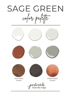 the sage green color palette is shown in several different shades and sizes, including white, brown