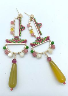 Playful Pink Beaded Earrings, Handmade Multicolor Playful Beaded Earrings, Playful Multicolor Handmade Beaded Earrings, Vibrant Handmade Gold Earrings, Handmade Vibrant Gold Earrings, Playful Handmade Multicolor Beaded Earrings, Vibrant Green Dangle Earrings, Trendy Green Earrings With Colorful Beads, Trendy Multicolor Handmade Chandelier Earrings