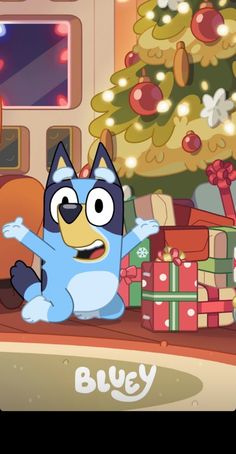 an animated cat is standing in front of a christmas tree and presents on the floor