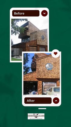 the before and after photos of a house being built with wood shinning on it