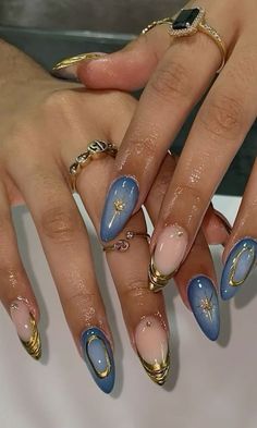 Sade Inspired Nails, Nail Art Designs Blue And Gold, Hoco Nail Ideas Almond, Nail Designs That Go With Everything, Nail Inspo Junk Nails, Blue 70s Nails, Year Round Nail Ideas, Dark Dusty Blue Nails, Washington Dc Nails