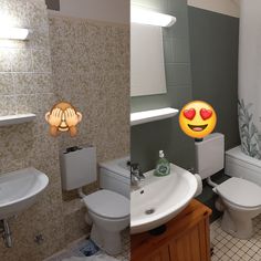 a bathroom with toilet, sink, and mirror in different stages of remodeling