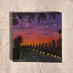 an acrylic painting of a road at night with trees and street lights in the background