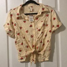 Knot Tie Bottom, Cuffed Sleeve And Front Pocket. Never Worn Vintage Summer Top With Fruit Print, Vintage Fruit Print Top For Summer, Cute Red Summer Blouse, Red Fruit Print Tops For Summer, Red Fruit Print Top For Spring, Casual Yellow Tops With Fruit Print, Casual Yellow Top With Fruit Print, White Satin Blouse, Gauze Tunic