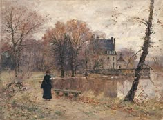 a painting of a woman standing in front of a house next to a body of water