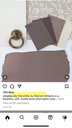 some brown and white paint samples on a table with a gold knockner in the middle