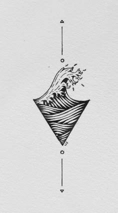 a black and white drawing of a wave coming out of the ocean with an arrow pointing up