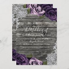 purple roses and lace on wood wedding card