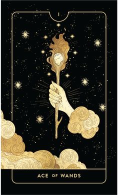 the ace of wands tarot card in gold and black with stars above it