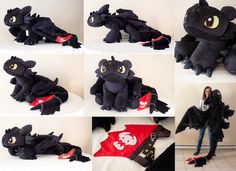 a woman sitting on top of a black dragon stuffed animal