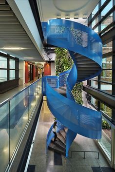 a blue spiral staircase in an office building