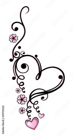 a heart with swirls and flowers on white background