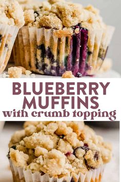 blueberry muffins with crumb topping are stacked on top of each other