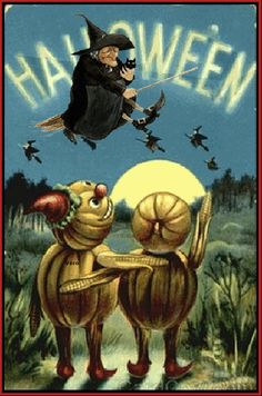 an old fashioned halloween card with two cats on it's back and witches flying over them