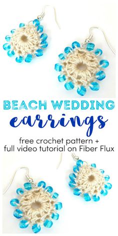 three blue and white crochet earrings with text overlay that says beach wedding earrings