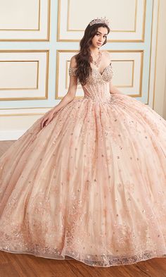 Off-the-shoulder quinceanera dress with a corset bodice and lace embroidery. Quince Dress, Quinceanera Dress, Corset Bodice, Embroidered Tulle, Prom Girl, Champagne Color, Lace Embroidery, Quinceanera Dresses, Be Bold