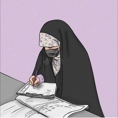 a woman wearing a burka writing on a paper with a pen in her hand