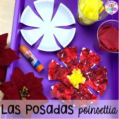 paper plate poinsettia and other crafting supplies on a purple tray