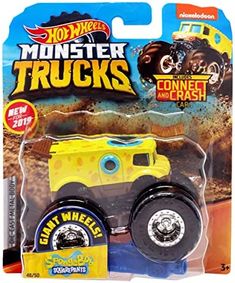 a yellow toy truck with black wheels on it's front and back sides, in the shape of a monster truck