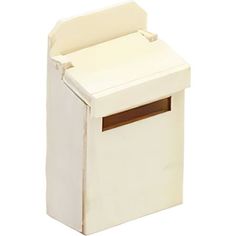 a white box with a brown handle on the top and bottom part is shown in front of a white background