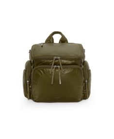 an olive green backpack with zippers on the front and side, sitting against a white background