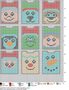 a cross stitch pattern with many different faces on the front and back of each piece