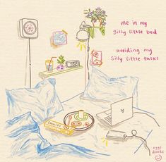 a drawing of a bed with a laptop on top of it and flowers in the corner