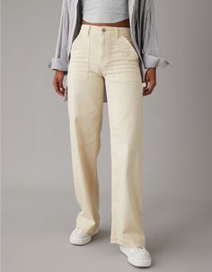 AE Dreamy Drape Woven Super High-Waisted Baggy Wide-Leg Pant Cream Jeans, Cream Pants, White Linen Pants, American Eagle Jeans, American Eagle Outfitters Jeans, Pants Outfit, White Linen, Wide Leg Jeans, Colored Jeans