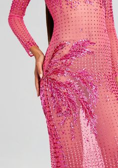 Embrace the extraordinary and make a statement in our Sammy Dress—an unmatched fusion of uniqueness and luxury.. The sheer elegance combined with the playful palm tree sequins offers a harmonious blend of chic and glamour that's perfect for those seeking a distinct style. Step into the limelight and be the center of at Embellished Sequin Maxi Dress For Summer, Pink Contrast Sequin Dress For Gala, Pink Embellished Gala Dress, Pink Embellished Dress For Gala, Luxury Embellished Pink Dress, Luxury Pink Embellished Dresses, Festive Party Dress With Sheer Sleeves, Summer Floor-length Sequin Dress, Summer Floor-length Dress With Contrast Sequin