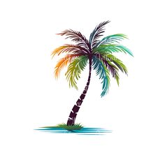 a colorful palm tree on an island with water and grass in the foreground, against a white background